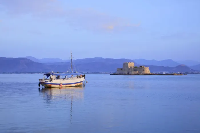 Framed Print : Bourtzi Castle at Sunrise, Nafplio, Argolis, The Peloponnese, Greece, Southern Europe Framed Print : Bourtzi Castle at Sunrise, Nafplio, Argolis, The Peloponnese, Greece, Southern Europe