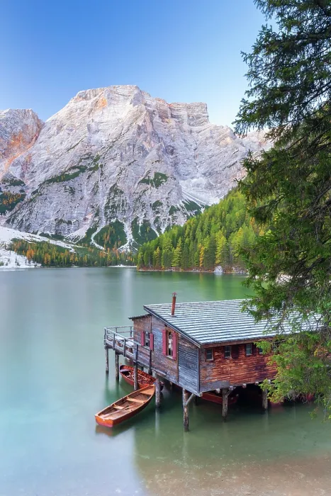 Framed Print : Braies lake in autumn at sunrise. Europe, Italy, South Tyrol, Braies valley, Bolzano province, Braies municipality Framed Print : Braies lake in autumn at sunrise. Europe, Italy, South Tyrol, Braies valley, Bolzano province, Braies municipality