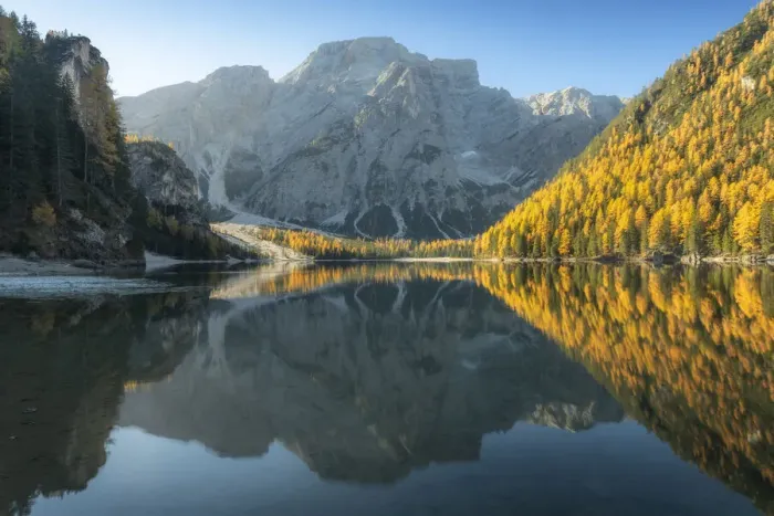 Framed Print : The Braies lake (Pragser Wildsee) during a peaceful autumn morning with mountains and trees reflecting in the lake. Dolomites, Italy Framed Print : The Braies lake (Pragser Wildsee) during a peaceful autumn morning with mountains and trees reflecting in the lake. Dolomites, Italy