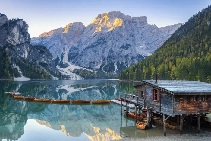 Framed Print : Braies lake at sunrise in autumn season Europe, Italy, South Tyrol, Braies valley Framed Print : Braies lake at sunrise in autumn season Europe, Italy, South Tyrol, Braies valley