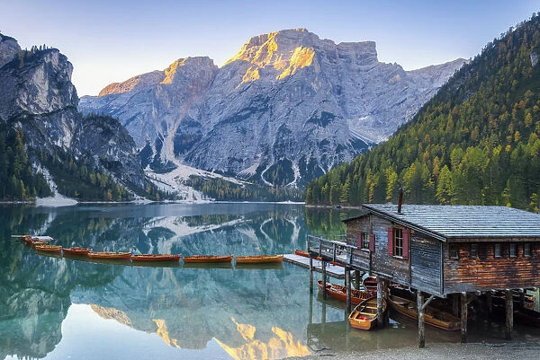 Braies lake at sunrise in autumn season Europe, Italy, South Tyrol, Braies valley