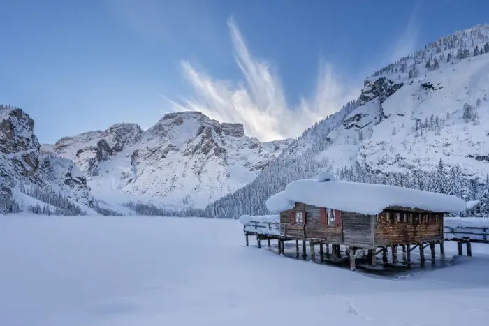 Framed Print : Braies  /  Prags, Dolomites, South Tyrol, Italy. Winter wonderland on Lake Braies