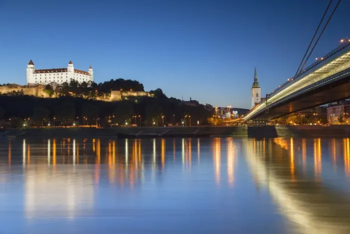 Framed Print : Bratislava Castle, St Martins Cathedral and New Bridge at dusk, Bratislava, Slovakia Framed Print : Bratislava Castle, St Martins Cathedral and New Bridge at dusk, Bratislava, Slovakia
