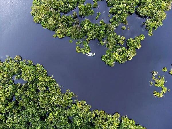 Brazil, Amazonas, Amazon rainforest, Anavilhanas Ecological Station & National Park, Aerial view of a river boat on the Rio Negro river in the Unesco World Heritage listed Central Amazon Conservation Complex
