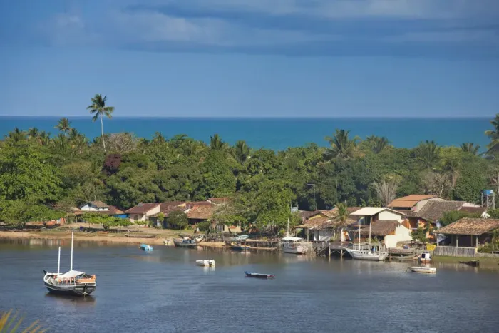 Framed Print : Brazil, Bahia, Caraiva, View of Caraiva village with the Caraiva in the foreground Framed Print : Brazil, Bahia, Caraiva, View of Caraiva village with the Caraiva in the foreground