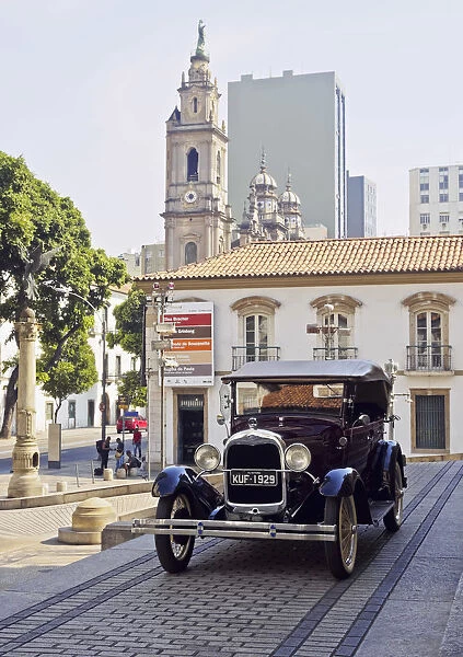 Brazil, City of Rio de Janeiro, Centro, Vintage Ford Car on the stairs of Tiradentes