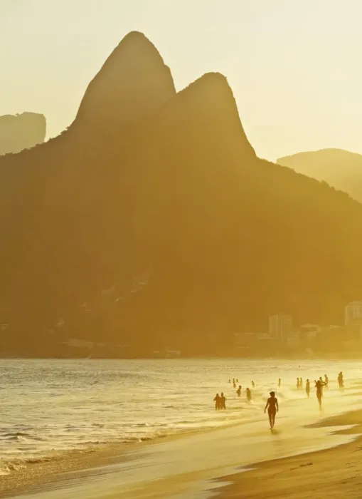 Framed Print : Brazil, City of Rio de Janeiro, Ipanema Beach and Morro Dois Irmaos during sunset