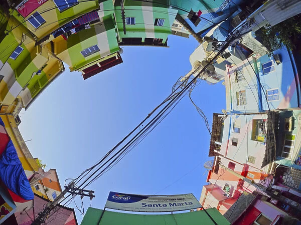 Brazil, City of Rio de Janeiro, Low angle view of the colourful houses in the Favela