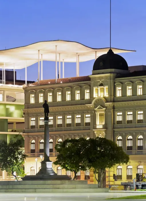 Framed Print : Brazil, City of Rio de Janeiro, Praca Maua, Twilight view of the Museu de Arte do Rio Framed Print : Brazil, City of Rio de Janeiro, Praca Maua, Twilight view of the Museu de Arte do Rio