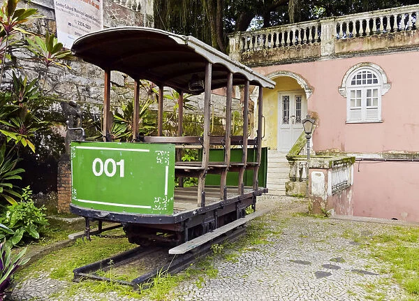 Brazil, City of Rio de Janeiro, Santa Teresa, View of an old tram in front of the