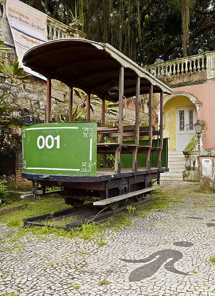 Brazil, City of Rio de Janeiro, Santa Teresa, View of an old tram in front of the