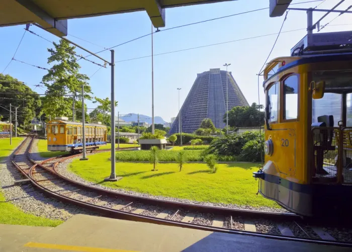 Framed Print : Brazil, City of Rio de Janeiro, The Santa Teresa Tram at Carioca Station with Metropolitan Framed Print : Brazil, City of Rio de Janeiro, The Santa Teresa Tram at Carioca Station with Metropolitan