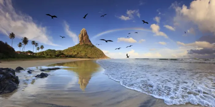 Framed Print : Brazil, Fernando de Noronha, Conceicao beach with Morro Pico mountain in the background