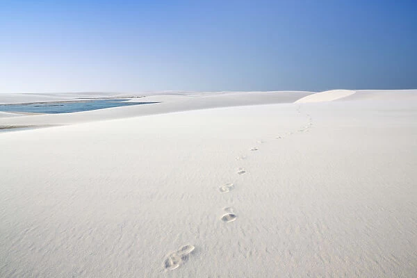 Brazil, Maranhao, Lencois Maranhenses national park, footprints in the dunes in the