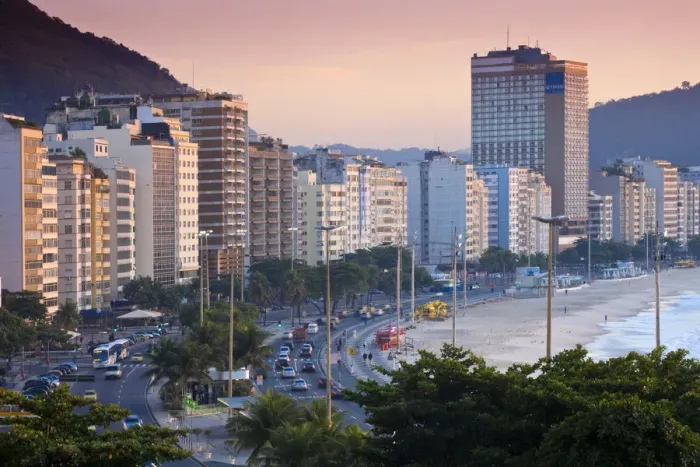 Framed Print : Brazil, Rio De Janeiro, Copacabana, Traffic along Avenue Atlantica at dawn