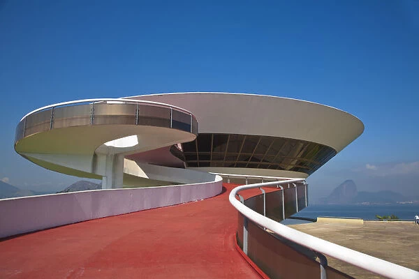 Brazil, Rio De Janeiro, Niteroi, Modern Art musuem designed by arcitect Oscar Niemeyer
