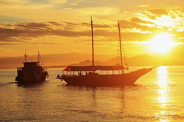 Brazil, Rio de Janeiro State, Angra dos Reis, Ilha Grande, a fishing boat and a schooner
