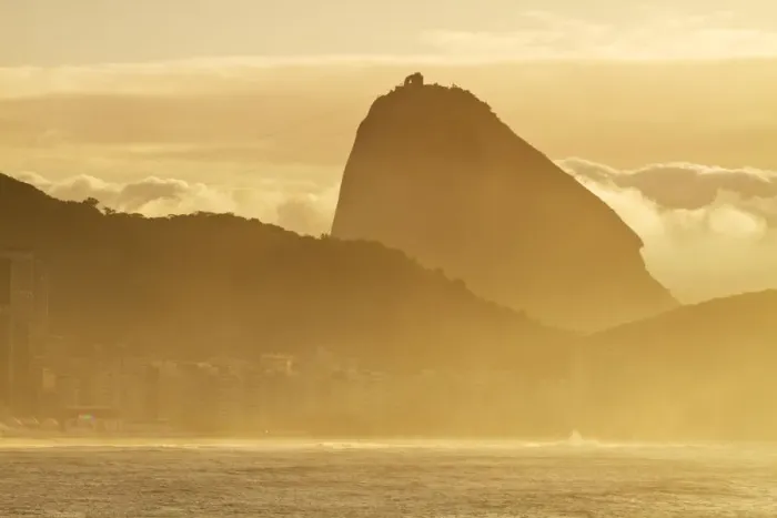 Framed Print : Brazil, Rio De Janeiro, View of Sugar Loaf at sunrise from Copacabana Framed Print : Brazil, Rio De Janeiro, View of Sugar Loaf at sunrise from Copacabana
