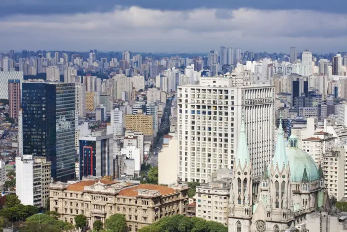 Framed Print : Brazil, Sao Paulo, Sao Paulo, View of city center from the Banespa skyscraper, looking