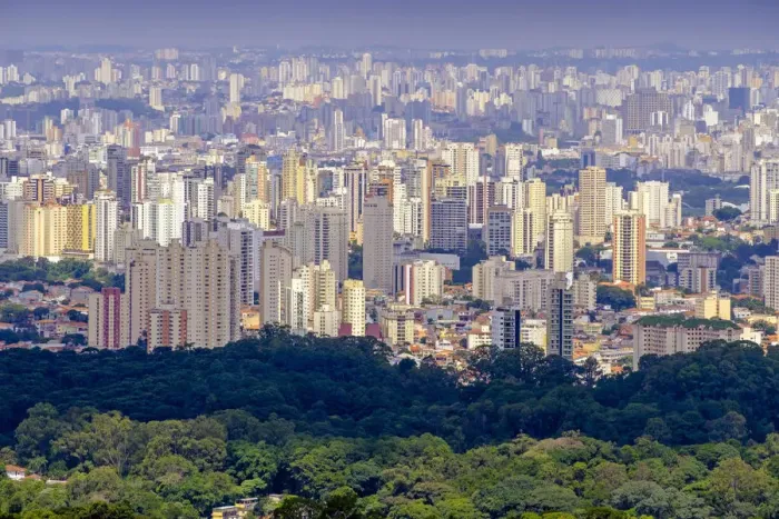 Framed Print : Brazil, view of Sao Paulo city skyline from the forest of the Serra da Cantareira Framed Print : Brazil, view of Sao Paulo city skyline from the forest of the Serra da Cantareira