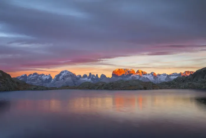 Framed Print : Brenta Dolomites at sunset in a cloud day with Black lake Framed Print : Brenta Dolomites at sunset in a cloud day with Black lake