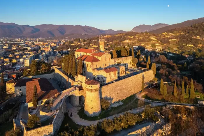 Framed Print : Brescia Castle at sunset in winter. Brescia district, Lombardy district, Italy Framed Print : Brescia Castle at sunset in winter. Brescia district, Lombardy district, Italy