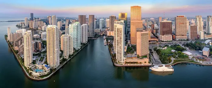 Framed Print : Brickell Key, Downtown Miami and Four Seasons Hotel sunrise Miami, Florida, USA