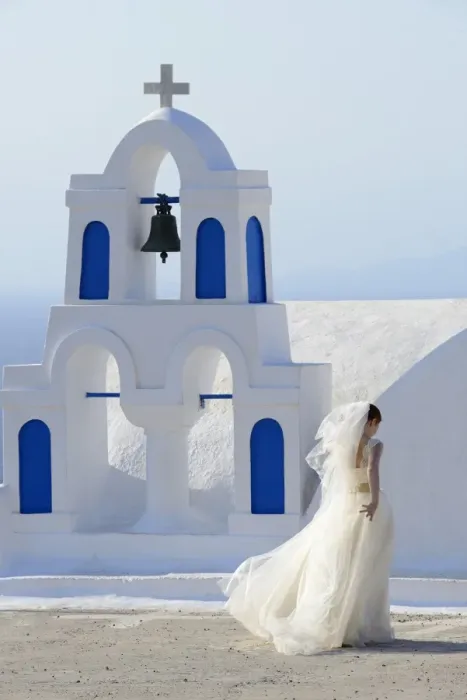 Framed Print : Bride walking past church, Santorini, Kyclades, South Aegean, Greece, Europe
