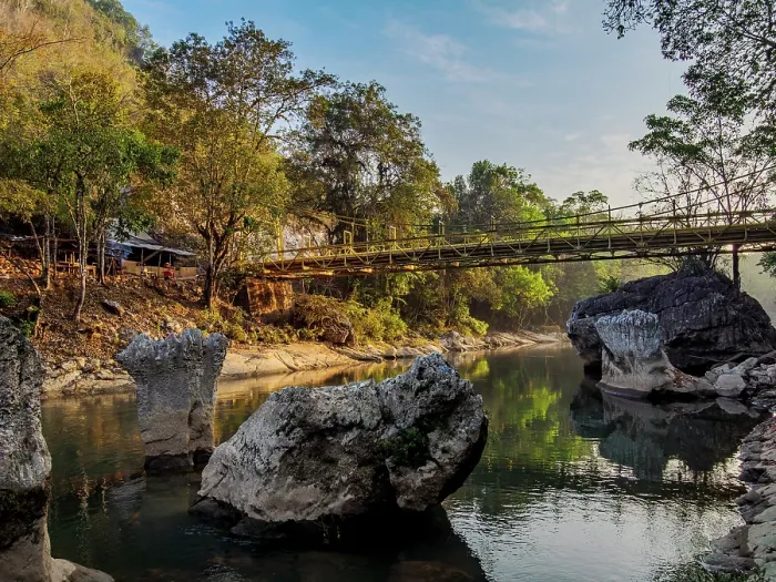 Framed Print : Bridge over the Cahabon River at sunrise, Semuc Champey, Lanquin, Alta Verapaz Department, Guatemala Framed Print : Bridge over the Cahabon River at sunrise, Semuc Champey, Lanquin, Alta Verapaz Department, Guatemala