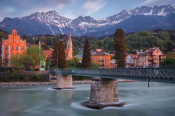 The bridge to Sankt Nikolaus district in Innsbruck at dawn, Tyrol, Austria, Europe