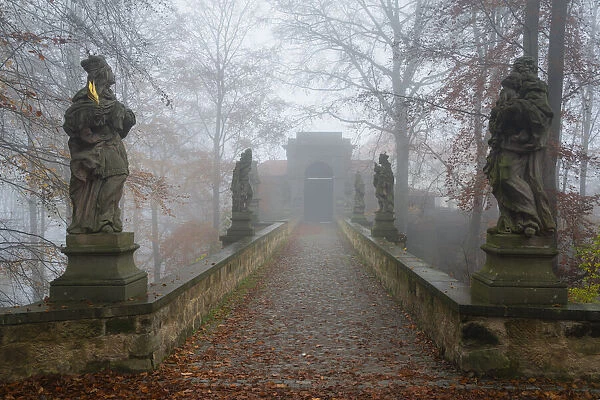 Bridge with statues leading to Valdstejn castle on a misty day, Hruba Skala