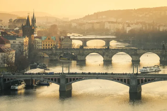 Framed Print : Bridges over Vltava river in city at sunset, Prague, Bohemia, Czech Republic Framed Print : Bridges over Vltava river in city at sunset, Prague, Bohemia, Czech Republic