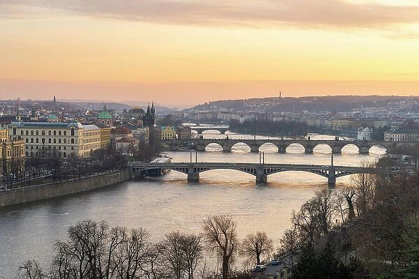 Bridges over Vltava river against sky seen from Letna park, Prague, Bohemia, Czech Republic