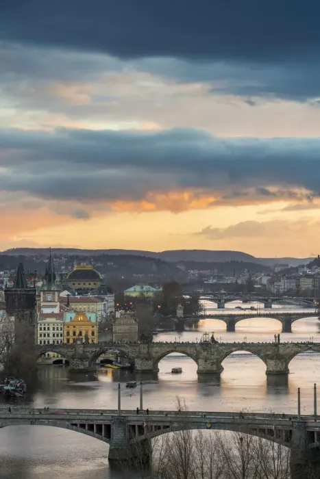 Framed Print : Bridges over Vltava river against sky seen from Letna park at sunset, Prague, Bohemia Framed Print : Bridges over Vltava river against sky seen from Letna park at sunset, Prague, Bohemia