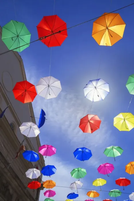 Framed Print : Brightly coloured floating umbrellas, Genoa, Liguria, Italy Framed Print : Brightly coloured floating umbrellas, Genoa, Liguria, Italy