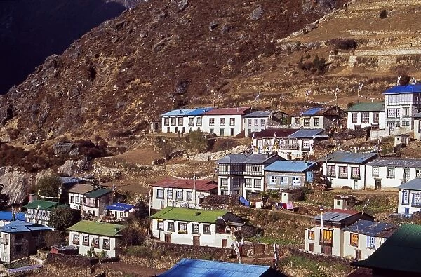 Brightly painted roofs of the tightly packed houses in Namche Bazaar