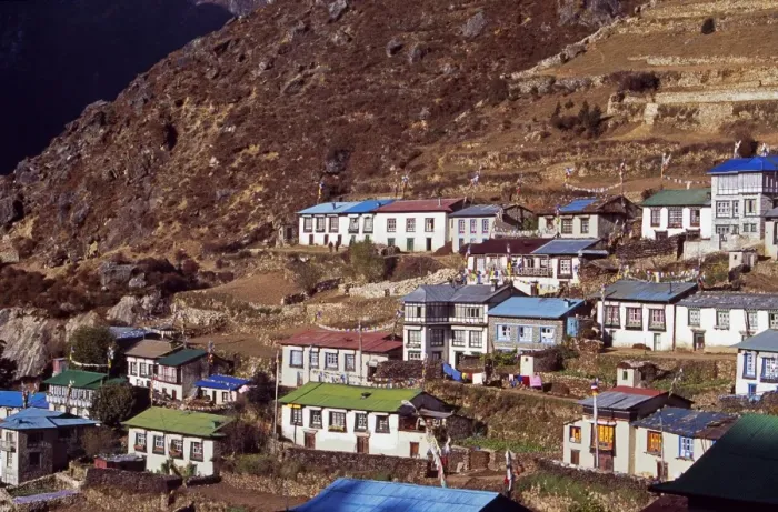 Framed Print : Brightly painted roofs of the tightly packed houses in Namche Bazaar Framed Print : Brightly painted roofs of the tightly packed houses in Namche Bazaar