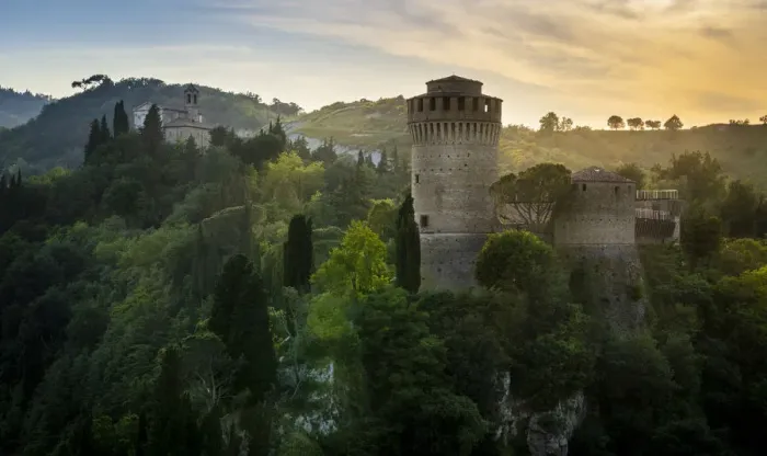 Framed Print : Brisighella, Ravenna, Emilia Romagna, Italy Europe. The medieval fortress at dusk