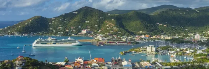 Framed Print : British Virgin Islands, Tortola, Road Town, elevated town view with cruiseship Framed Print : British Virgin Islands, Tortola, Road Town, elevated town view with cruiseship