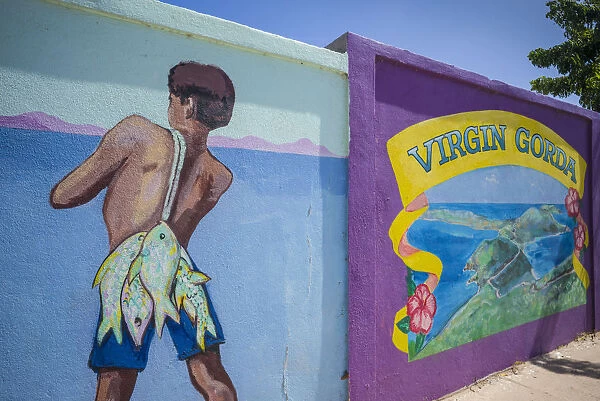 British Virgin Islands, Virgin Gorda, Spanish Town, wall mural, boy with fish