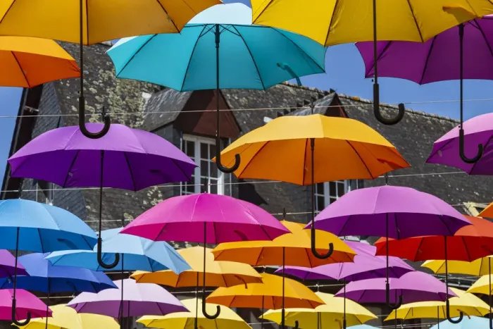 Framed Print : Brittany, Morbihan, Pontivy, France. Umbrellas adorn Pontivy village