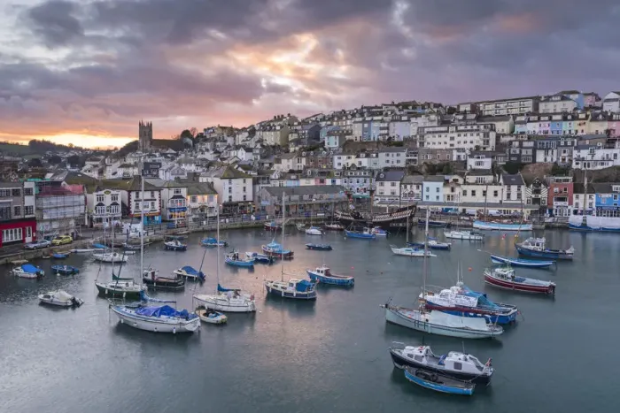 Framed Print : Brixham harbour at sunset, Devon, England. Winter (March) 2016