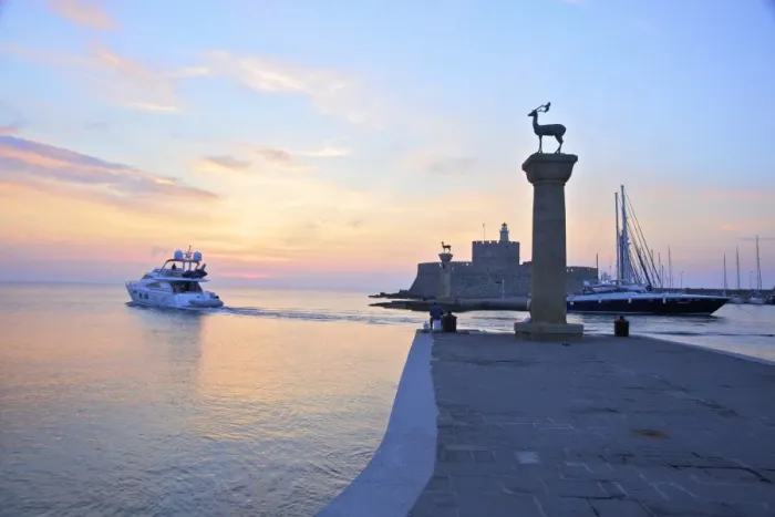 Framed Print : Bronze Doe and Stag Statues At The Entrance Of Mandraki Harbour, Rhodes, Dodecanese