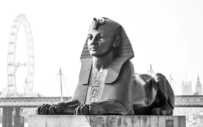Framed Print : Bronze Egyptian sphinx statue on the Thames embankment, with The London Eye, Golden Jubilee Bridge and Big Ben in the background, London, England Framed Print : Bronze Egyptian sphinx statue on the Thames embankment, with The London Eye, Golden Jubilee Bridge and Big Ben in the background, London, England