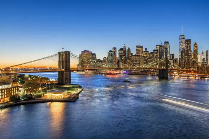 Framed Print : Brooklyn Bridge and Lower Manhattan skyline at dusk, Manhattan, New York, USA Framed Print : Brooklyn Bridge and Lower Manhattan skyline at dusk, Manhattan, New York, USA
