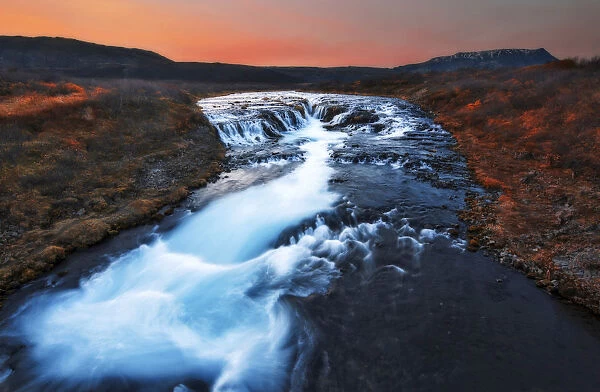 Bruarfoss waterfall during a fall sunset, Iceland