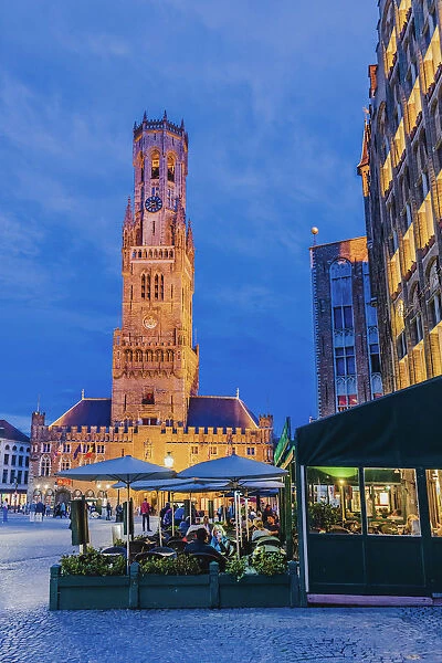 Bruges town hall and Belfort (Beffroi) and Markt Hall illuminated by night