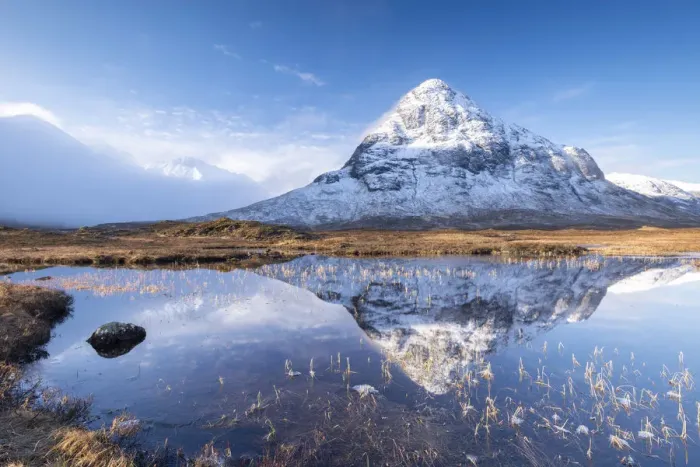 Framed Print : Buachaille Etive Beag mountain and reflection, Glencoe, Scotland. Winter Framed Print : Buachaille Etive Beag mountain and reflection, Glencoe, Scotland. Winter