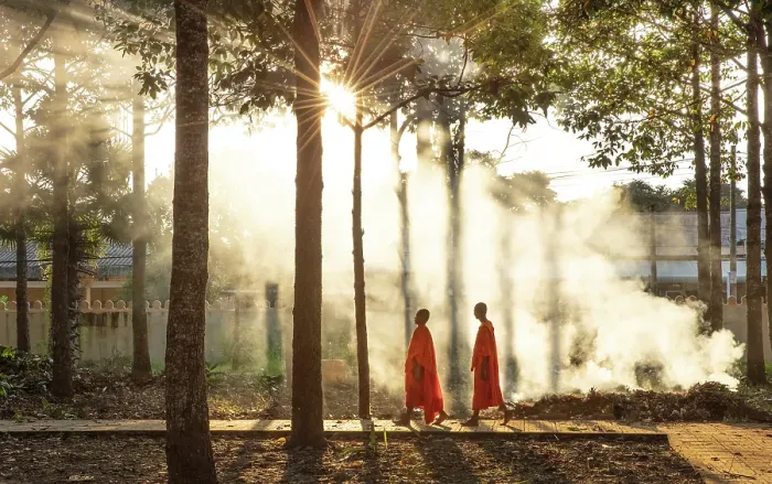 Framed Print : Two Buddhist monks walking past smoke from a fire, Xien Can Pagoda, Bac Lieu, Mekong Delta, Vietnam Framed Print : Two Buddhist monks walking past smoke from a fire, Xien Can Pagoda, Bac Lieu, Mekong Delta, Vietnam