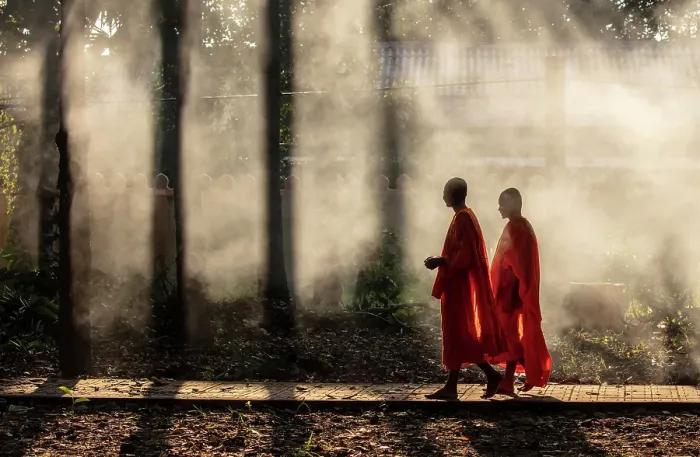 Framed Print : Two Buddhist monks walking through smoke from smouldering leaves, Xien Can Pagoda, Bac Lieu, Mekong Delta, Vietnam Framed Print : Two Buddhist monks walking through smoke from smouldering leaves, Xien Can Pagoda, Bac Lieu, Mekong Delta, Vietnam